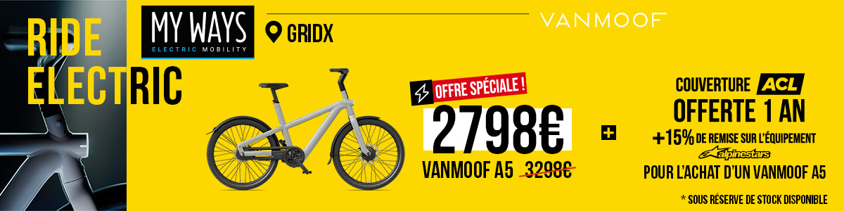 RIDE ELECTRIC : VanMoof A5 à 2798€ + couverture ACL offerte 1 an + 15% de remise sur l'équipement Alpinestars
